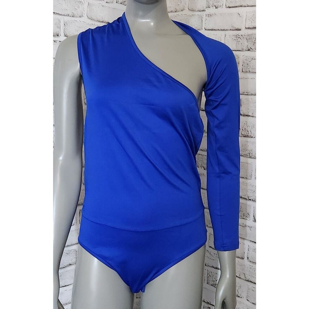 Sexy One Shoulder Bodysuit Long Sleeve Cut Out Slim Fit Womens Size Large Blue